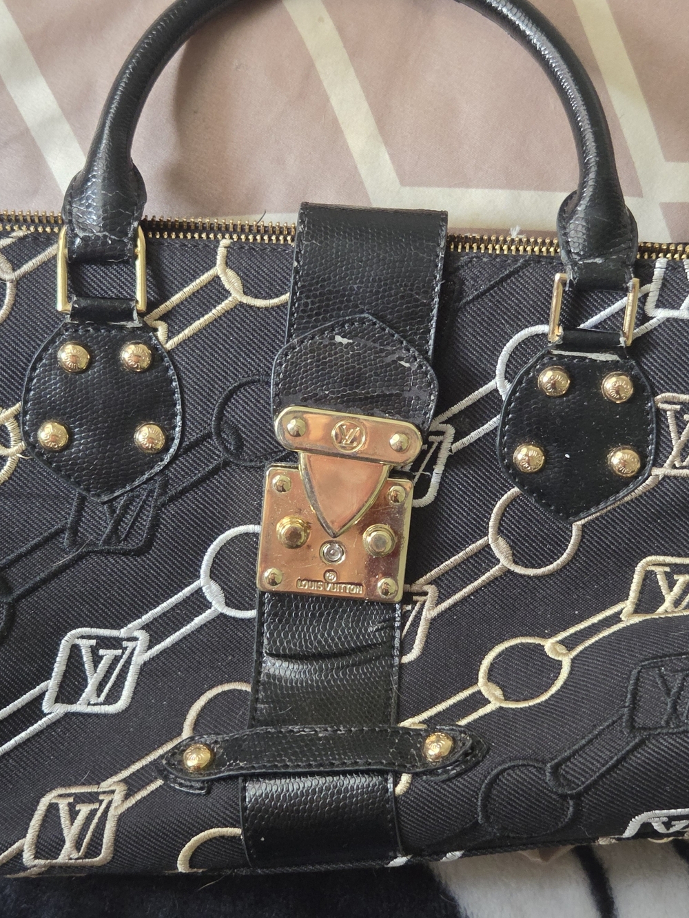 Louis Vuitton Black Canvas Satchel with Gold Hardware